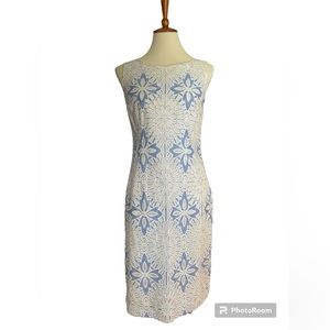 Talbots Sheath Dress sz 4 Blue White Mosaic Geometric Floral Sleeveless Lined
